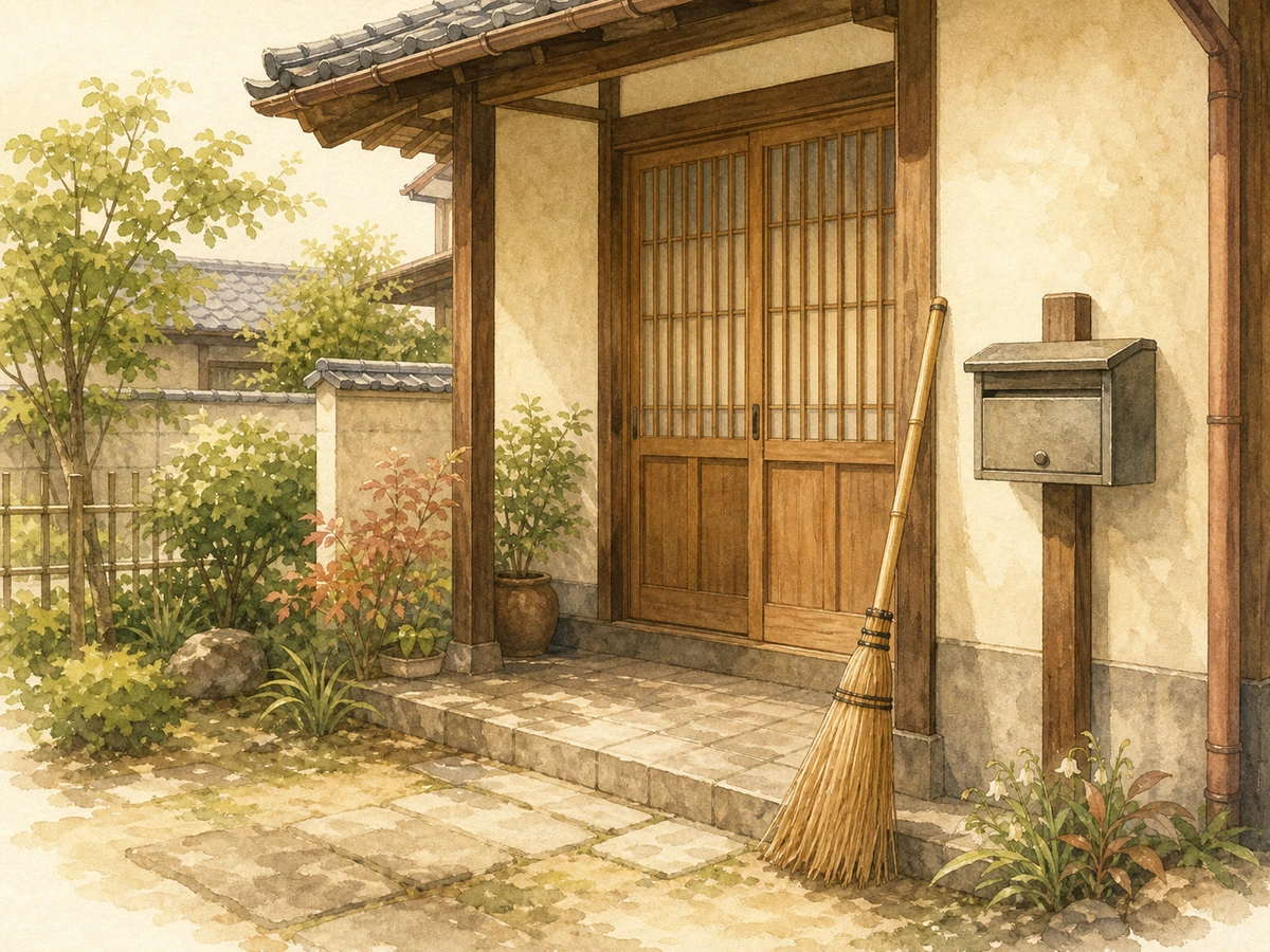 玄関先にほうきと郵便受けがある家