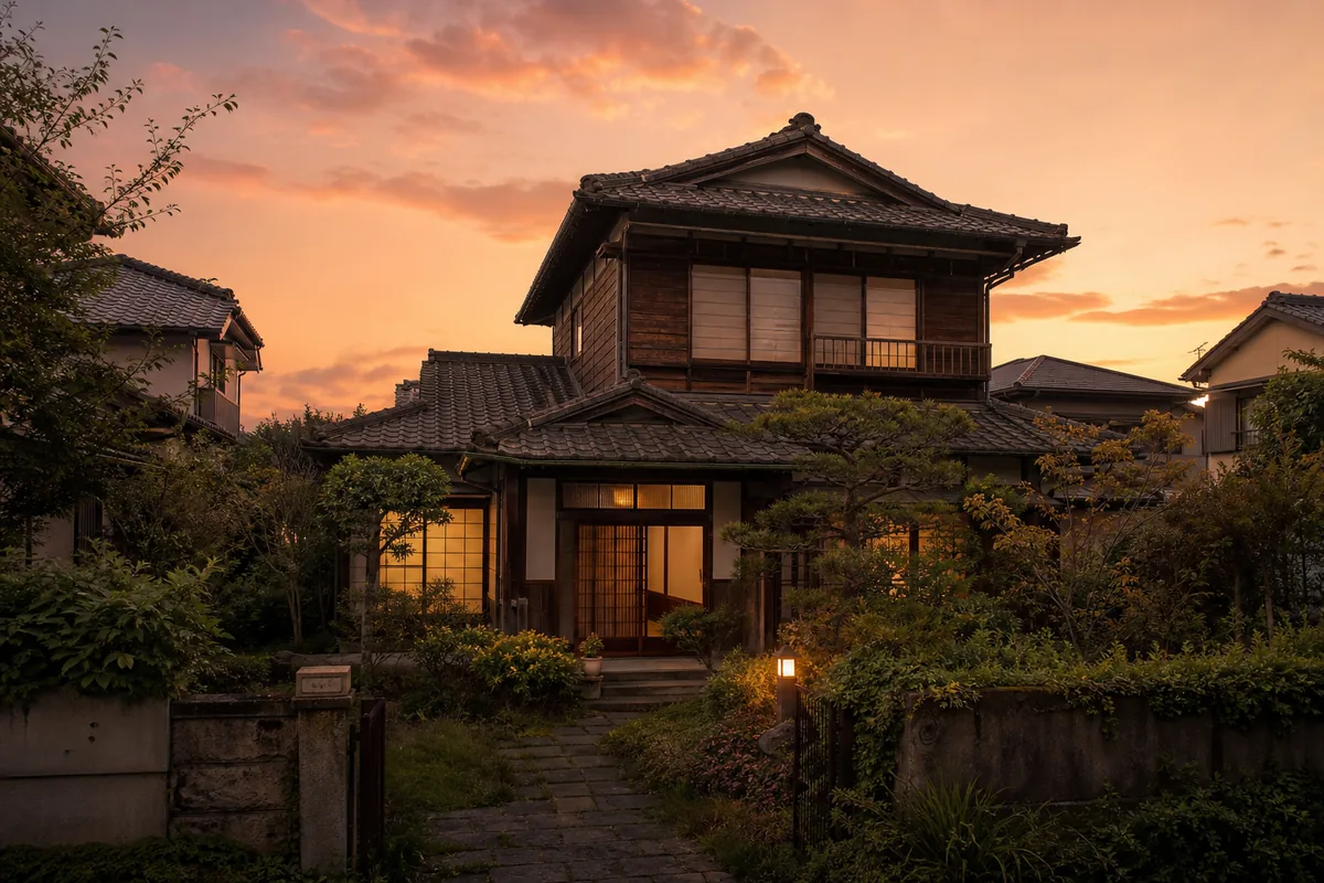 夕暮れ時の静かな住宅街と古い一戸建て