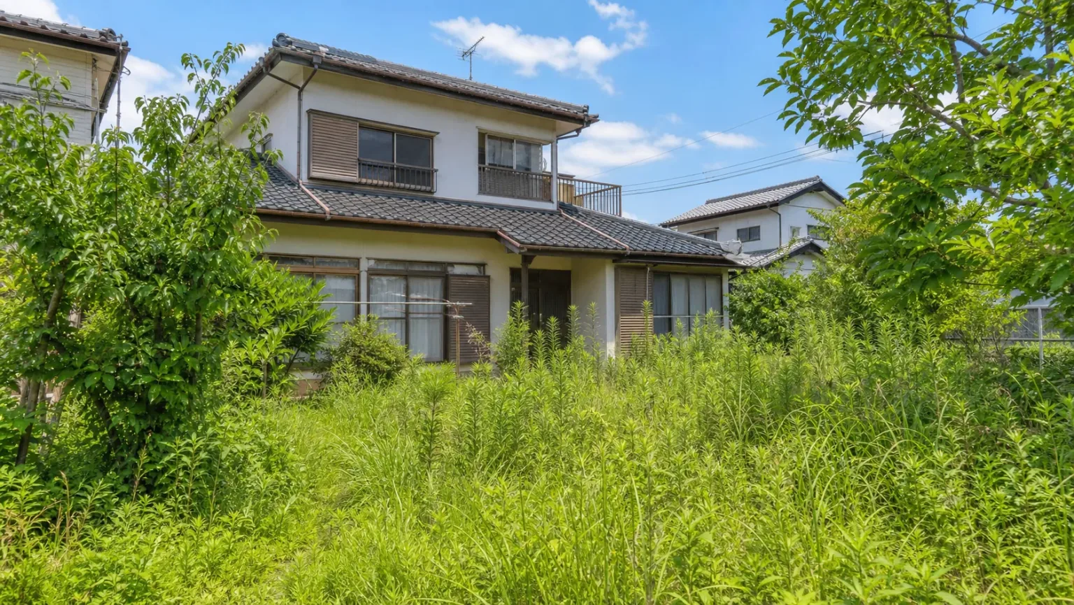 夏に草が伸び放題になった空き家の庭